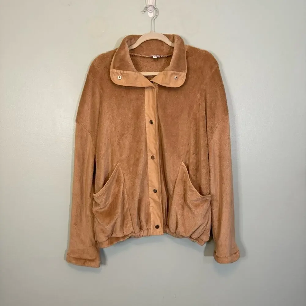 Andree By Unit Fuzzy Fleece Snap Long Sleeve Button Front Jacket Brown 2X Plus - Picture 1 of 9
